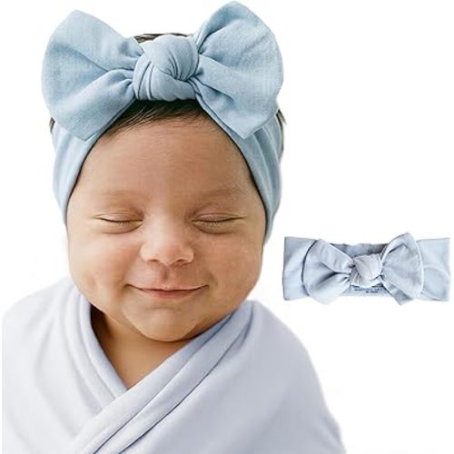 Caden Lane Baby Headwrap with Knotted Bow, Soft & Stretchy Bamboo Viscose, Comfortable Infant Hairband for Newborn & Toddler Girls, Ideal Gift for Baby Shower & Milestone Celebration, Mist Blue