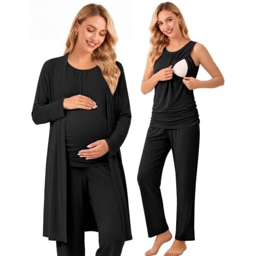Women 3PCS Maternity Robe Sets Nursing Pajamas Postpartum Breastfeeding Pjs