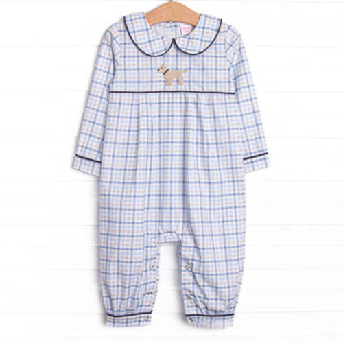 Poised Plaid Pup Embroidered Romper, Blue – Stitchy Fish