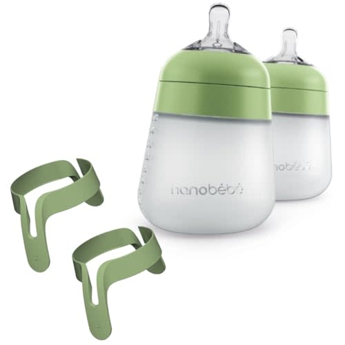 Nanobebe Silicone Baby Bottles 9oz 3pk Sage Bundled with Bottle Handles 2-Pack in Sage