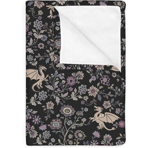 Fantasy Floral Dragons Baby Blankets for Boy Girl Fairytale Dragon Gothic Black Purple Flowers Soft Flannel Nursery Bed Blankets for Infant Toddler Crib Stroller Swaddle Receiving Blanket 30x40inch
