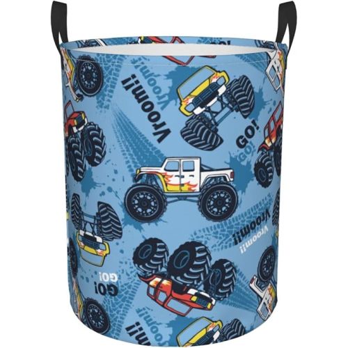 Monster Truck Cars Pattern Round Laundry Hamper Storage Basket Toys Clothes Organizer Bin For Home Bathroom Bedroom Dorm Nursery, 38l