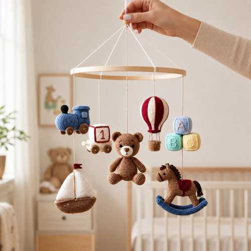 Crochet Baby Boy Mobile, Cute Bear Train Rocking Horse Hot Air Balloon Crib Mobile, Baby Shower Gift