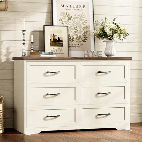 AODK Farmhouse 6 Drawer Dresser for Bedroom, 47” Wide Rustic Storage Dresser with Engineered Wood Frame, Anti-Tip Safety Chest, American Country Bedroom Furniture, Walnut & Vintage White