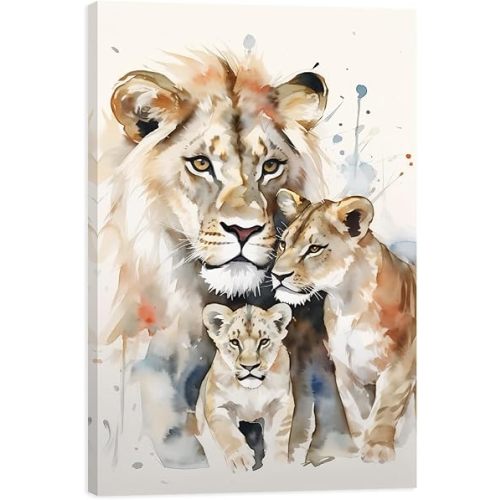 Lion Canvas Wall Art, Abstract Mom Lion and Baby Lions Poster Print African Wild Animals Painting Picture for Bedroom Living Room Decor(Artwork-12, 12"x18")