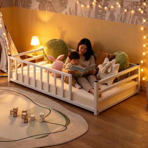 Trinx Toddler Floor Bed with Rails and Door, Twin Size Montessori Bed for 2-5 Year Olds, Low Profile Metal Platform for Safe Independent Sleep – Heavy Duty Guardrails, No Box Spring Needed | Wayfair