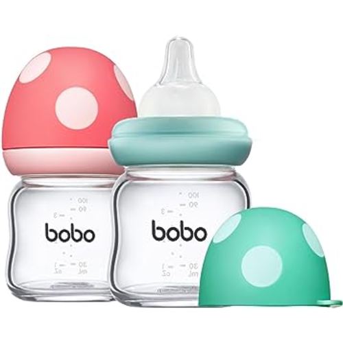YOHKOH Natural Glass Baby Bottle with Level 1 Slow Flow Nipple, Newborn Anti-Colic Baby Bottles, Wide Neck Mushroom Baby Glass Bottle (3.4oz (Pack of 2), Multicolour)
