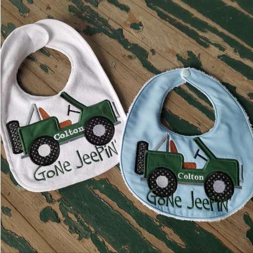 Embroidered Jeep Baby Bib: "Gone Jeepin'" Applique Gift