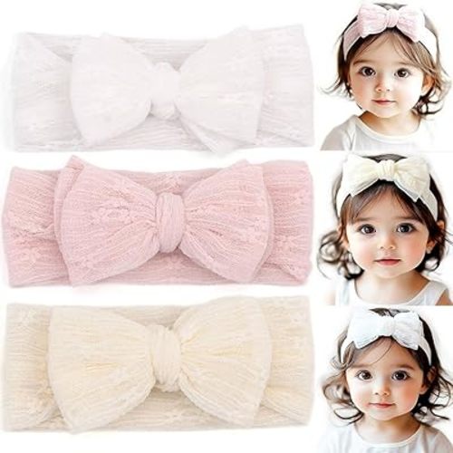 Handmade Baby Headbands Soft Stretchy Nylon Hair Bands with Bows for Toddler Child Girls- Pack of 3 (Set-A, 3 Count (Pack of 1))