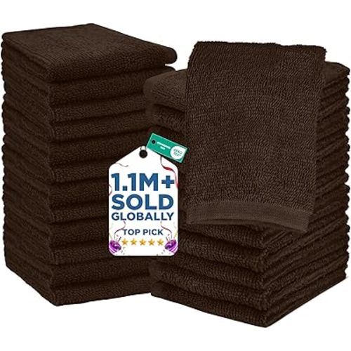 DAN RIVER 24 Pack Wash Cloths for Showering [12x12] - 100% Cotton Washcloths Premium Quality Flannel Face Cloths for Bathroom, Highly Absorbent and Soft Feel Wash Clothes, Brown