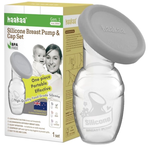 haakaa Manual Breast Pump Breastfeeding Pump with Food Grade Silicone Cap (Grey) 4oz/100ml