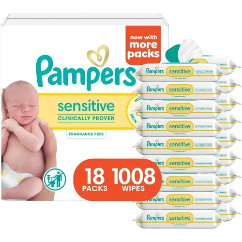 Pampers Sensitive Baby Wipes, Water Based, Clinically Proven, Hypoallergenic, and Unscented for Babies, 1008 Wipes Total (18 Flip-Top Packs) [Packaging May Vary]