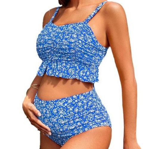 Coolmee Women's Maternity Shirred Bandeau Bikini Cute Two Piece Pregnancy Swimsuit High Waist Ruffle Trim Bathing Suit Blue M