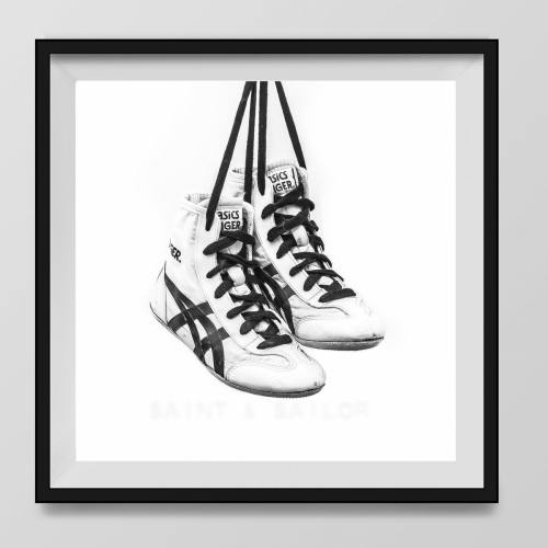 Black and White Vintage Wrestling Shoes, 8x8 mounted canvas