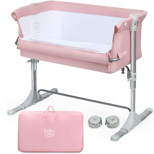 Costway Bassinet Bed Side Crib Infant Sleeper Breathable Mesh with Carrying Bag 0-18 Months Pink