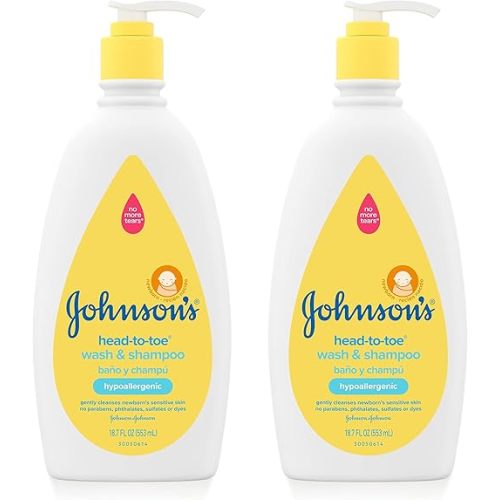 Johnson's Baby Head-To-Toe Gentle Baby Body Wash & Shampoo, Tear-Free, Sulfate-Free & Hypoallergenic Bath Wash & Shampoo for Sensitive Baby Skin, Washes Away 99.9% Of Germs, 2 Pack, 18 fl. Oz