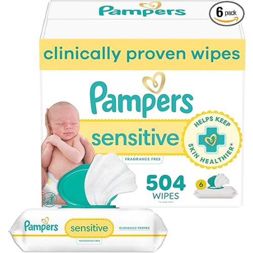 Pampers Sensitive Baby Wipes, Water Based, Clinically Proven, Hypoallergenic, and Unscented for Babies, 504 Wipes Total (6 Flip-Top Packs) [Packaging May Vary]