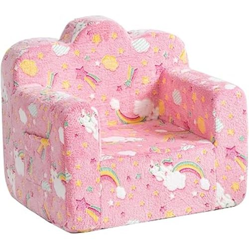 Tiita Kids Couch Plush Toddler Chair, Cloud-Like Glow in The Dark Kids Sofa Toddler Reading Chair with Washable Cover Carrying Handle, Convertible Children Sofa Chair for Girls and Boys