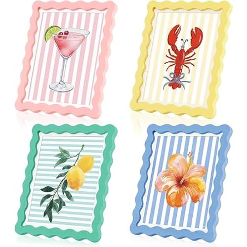 Novabright 4 Set 8x10 Colorful Scalloped Picture Frame Maximalist Decorative Picture Frame with Glass Front Wavy Trim Art Table Wall Hanging Whimsical Home Decor Gift (Pastel)