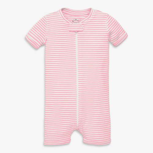 Clearance baby organic short sleeve zip romper in mini stripe - Blossom / ivory stripe / 0-3