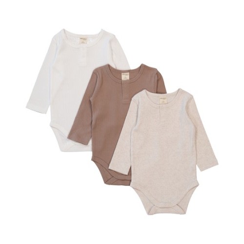 Medium Brown Baby 3 Pack Long Sleeve Organic Cotton Bodysuit | Best&Less™ Online
