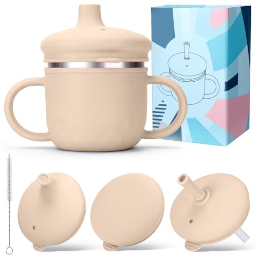 BUSOHA Stainless Steel Toddler Sippy Cup – 8oz Spill-Proof Straw Cup for 6+ Month Babies & Toddlers, 3-in-1 Reusable Travel Cup with Brush – Dishwasher Safe, Kids Drinking Cup,Beige