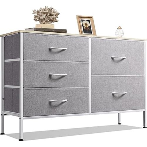 WLIVE Dresser for Bedroom with 5 Drawers, Wide Bedroom Dressers with Drawer Organizers, Chest of Drawers, Fabric Dresser for Living Room, Closet, Hallway, Light Grey