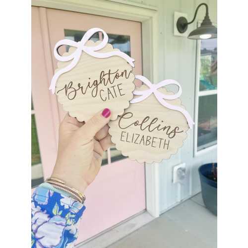 Scalloped Bow Girl Name Plate | Baby Girl Birth Announcement • Hospital Sign •