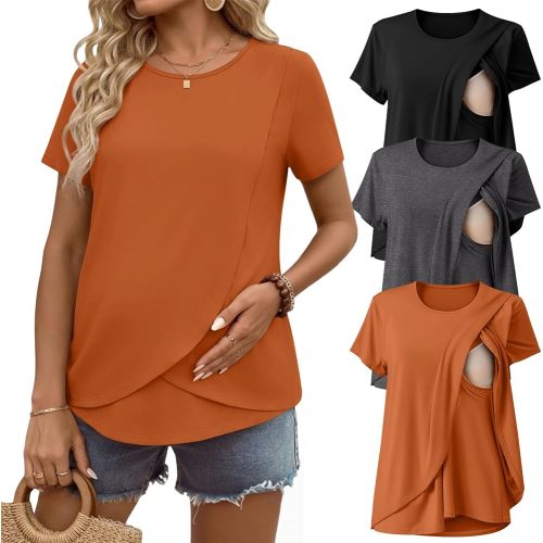 Ekouaer Nursing Shirts 3 Packs Short Sleeve Breastfeeding Tops Summer Maternity T Shirts Postpartum Double Layer Clothes
