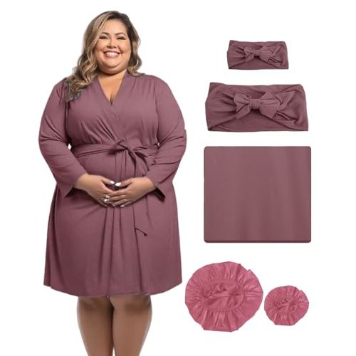 SUFEINI Maternity Robe and Matching Swaddle Blanket Set, Plus Size Women Postpartum Robes Sleepwear New Mommy Gift