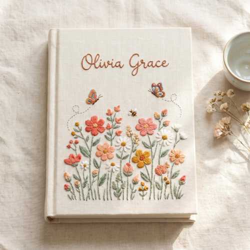 Personalized Baby Memory Book, Embroidered Linen Wildflower Keepsake Journal, Custom Name Baby Girl Gift, Floral Butterfly New Baby Gift