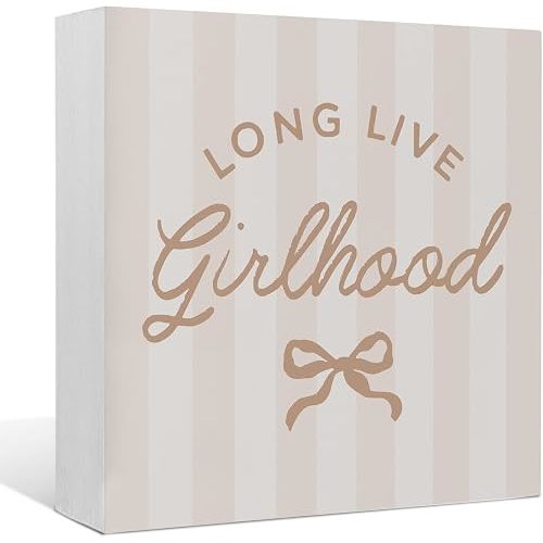 EIONEY Preppy Bow Girl Nursery Wood Box Sign Desk Decor, Long Live Girlhood Wooden Block Sign Decorations for Kids Toddler Girl Nursery Room Bedroom Dorm Playroom Wall Tabletop Shelf Decor