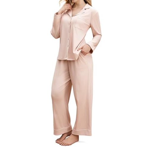 Momcozy Postpartum Nursing Pajama Set for Women 2 Piece, Long Sleeve V Neck Button Down Cotton Maternity Lounge Pjs Pink