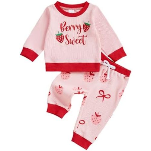 Madjtlqy Toddler Baby Girl Outfits Strawberry Waffle Long Sleeve Sweatshirt Pullover and Pants 2 Pcs Fall Winter Clothes Set