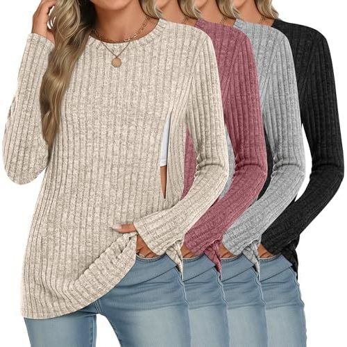 Paquete de 4 camisas de lactancia para mujer, camisetas de manga larga, suéteres térmicos con cremallera oculta acanalada para maternidad