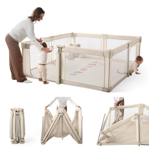 Foldable Baby Playpen,Portable Indoor & Outdoor Playpen for Babies and Toddlers,59”x71”Extra Large Play Pen with Gate,Collapsible Baby Fence with Travel Bag(Light Khaki)
