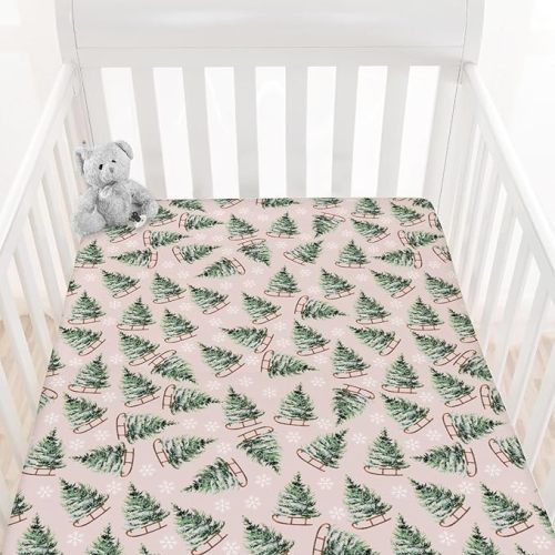 HawSkgFub Pink Christmas Tree Snowflake Fitted Standard Crib Sheet Baby Girls Shower Gift, Winter Xmas Sled Pine Tree Toddler Mattress Cover, Soft Breathable Stretchy Kids Nursery Bed Decor 52" x 28"