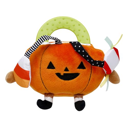 Halloween 5 inch Plush Activity Toy with Crinkle, Rattle, Teether for Baby, Orange Pumpkin Jack-o-Lantern with Candy Pieces