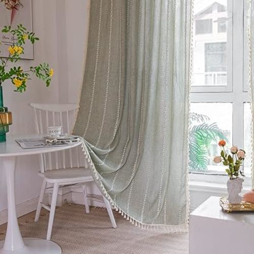 BCLBUSTE Boho Embroidery Striped Country Farmhouse Curtains - Sage Green Linen - 63 Inch Length, 2 Panels - Light Filtering - Living Room (52" W x 63" L)