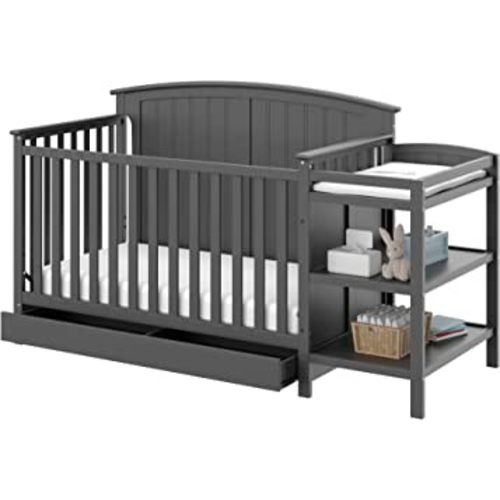 Storkcraft Steveston 5-in-1 Convertible Crib and Changer with Drawer (Gray) – GREENGUARD Gold Certified, Crib and Changing Table Combo with Drawer, Converts to Toddler Bed, Daybed and Full-Size Bed