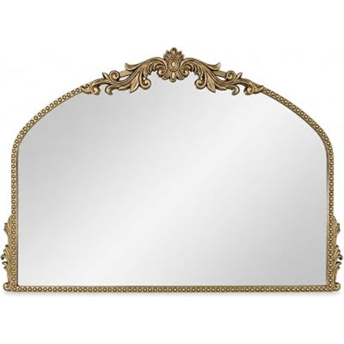 Arched Wall Mirror, 36×24 Inch Baroque Gold Frame with Beaded Border