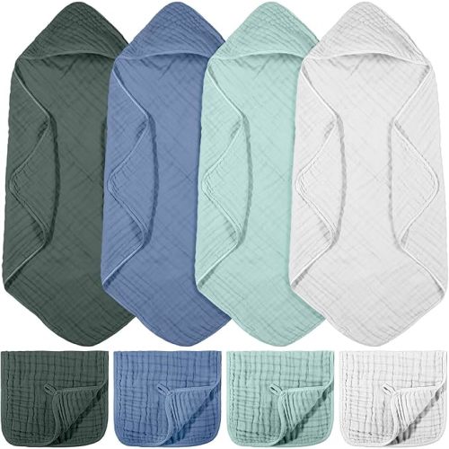 8 Pcs Muslin Hooded Baby Bath Towel and Washcloth Set,Mist Colors | Newborn Towels, Soft Cotton, Infant Bath Essentials, Absorbent for Baby Shower Gifts