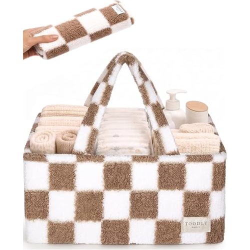 Baby Diaper Caddy Organizer with Waterproof Changing Pad, Checkered Taupe
