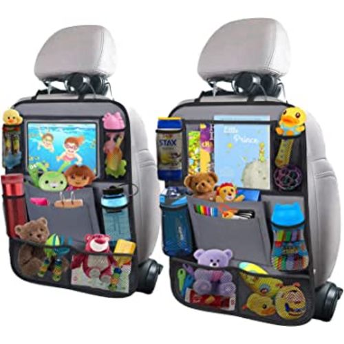 ULEEKA Car Backseat Organizer with 11" Table Holder, 9 Storage Pockets Seat Back Protectors Kick Mats for Kids Toddlers, Travel Accessories, 2 Pack, Gray