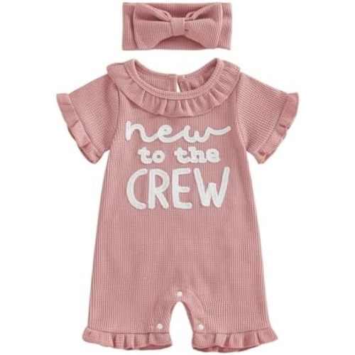 allshope Newborn Baby Girl Summer Outfit Romper New To The Crew Embroidery Ruffle Collar Jumpsuit Cute Infant Waffle Clothes
