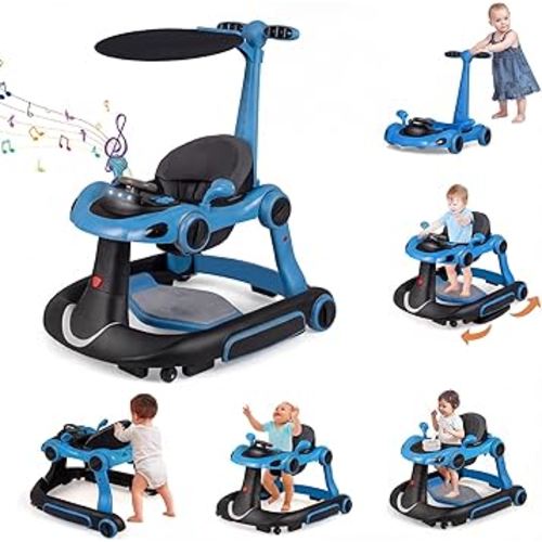 HONEY JOY Baby Walker, 7-in-1 Foldable Baby Bouncer and Rocker Combo, Infant Activity Center w/Canopy, Wheels, Adjustable Height/Speed, Music, Lights, Walker for Baby Boy Girl 7-18 Months (Blue)