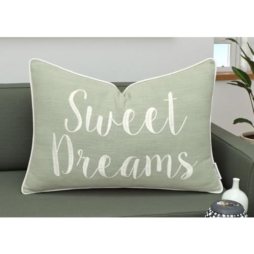 Rudransha Sweet Dreams Sage Green Lumbar Pillow Cover 12x18 – Embroidered Script Quote Cotton Cushion Case – Good Night Sleep Bedroom Nursery Decor for Bed Crib Guest Room