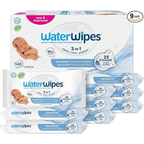 WaterWipes Sensitive+ Newborn & Baby Wipes, 3-In-1 Cleans, Cares, Protects, 99.9% Water, Unscented & Hypoallergenic, 540 Count (9 Packs)