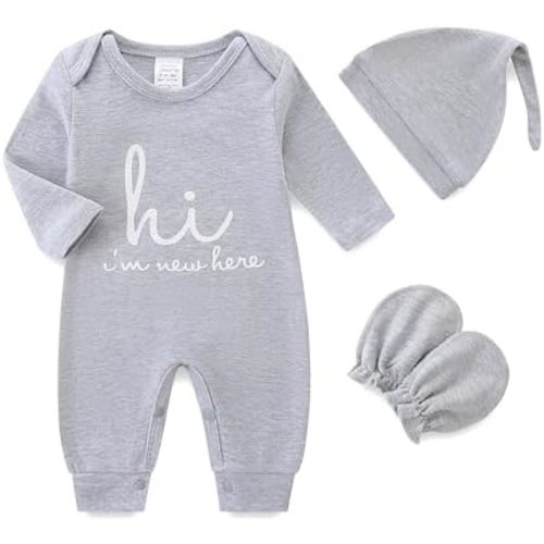 Newborn Baby Romper Cotton Coming Home Outfits Hi Im New Here with Hat Gloves Long Sleeve Solid Onesie
