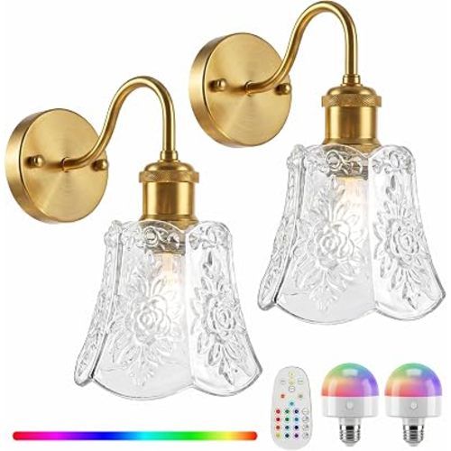 YUNICE Rechargeable Wall Sconces Set of 2 Battery Operated Wall Sconce with Remote Control Dimmable Cordless Wall Lamp with White Glass Lampshade Antique Brass Wall Lights for Bedroom Living Room